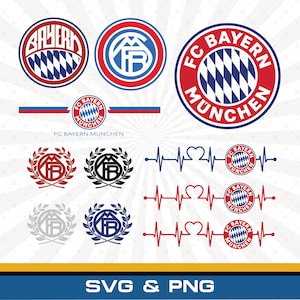 May include: A collection of FC Bayern Munchen digital graphic designs including circular logos with blue and white diamond patterns, monogram emblems, laurel wreath motifs, and heartbeat EKG lines with the club crest in red, blue, and white colors.