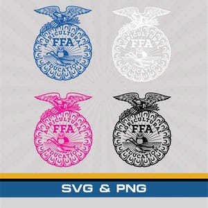May include: Four circular FFA Agricultural Education emblems arranged in a grid. Each emblem features an eagle, an owl, a plow, and rising sun rays. The designs appear in blue, white, pink, and black. The text SVG & PNG is at the bottom.