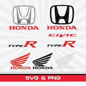 以下が含まれることがあります： シルバーとブラックのホンダエンブレム、赤いホンダのロゴ、赤いシビックの文字、タイプRのロゴ、赤・黒・白のホンダのウィングロゴなど、ホンダのロゴとテキストグラフィックのコレクション。下部にはSVG & PNGという文字が記載されています。