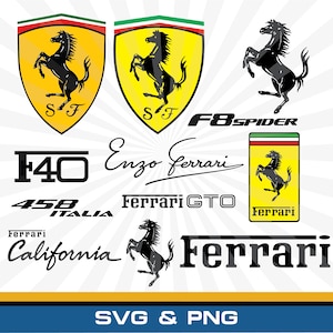 Può includere: Una collezione di loghi e grafiche testuali Ferrari che include l'emblema del cavallino rampante in scudi gialli, F8 Spider, F40, 458 Italia, Ferrari GTO, la firma di Enzo Ferrari, California e marchi Ferrari in nero, giallo, rosso, bianco e verde.