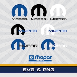 Puede incluir: Una colección gráfica digital que presenta el logotipo de Mopar en varias combinaciones de colores azul, negro y blanco. La imagen muestra múltiples iteraciones del emblema y texto de Mopar, incluido el logotipo de Mopar Parts en la parte inferior, con el texto SVG & PNG.