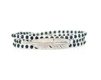 Antique Silver Feather Beaded Wrap Bracelet