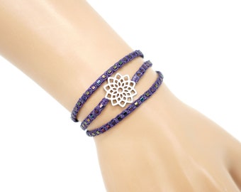 Purple Lotus Flower Beaded Wrap Bracelet