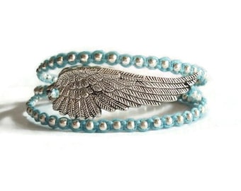 Turquoise Angel Wing Bracelet, Wrap Bracelet, Stack Bracelet, Wing Bracelet, Macrame Bracelet, Beaded Bracelet