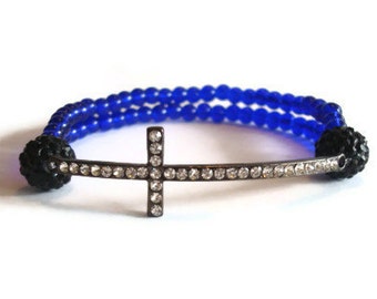 Cross Bracelet, Sideways Cross Bracelet, Blue Stretch Bracelet