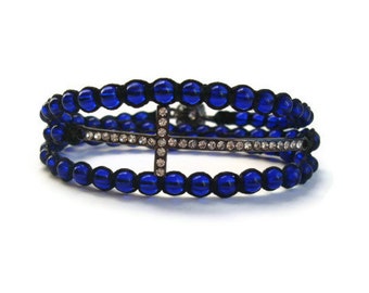 Cobalt Blue Beaded Cross Wrap Bracelet