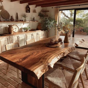 May include: A large live-edge wooden dining table with a natural grain finish, paired with several chairs featuring woven seats. The table surface holds a wooden bowl with decorative items and a vase with dried flowers, set in a room with cabinets.