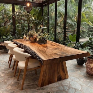 Peut inclure: Une grande table à manger rectangulaire avec une surface en bois à bord naturel et une base en dalle solide, accompagnée de plusieurs chaises texturées de couleur crème avec des cadres en bois, située dans une véranda lumineuse remplie de plantes.