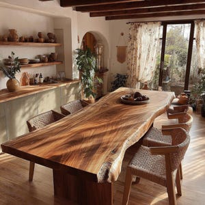 May include: A large live edge wooden dining table with a prominent natural grain pattern, accompanied by several light brown woven chairs with wooden frames, positioned in a room with wooden ceiling beams and light-coloured walls.