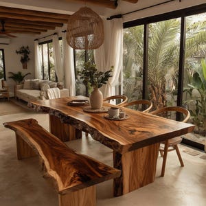 Peut inclure: Une grande table de salle à manger en bois à bord brut avec un banc assorti et trois chaises en bois courbé. La table présente une finition en grain de bois naturel et des pieds épais. Un vase en céramique beige avec du feuillage est posé.