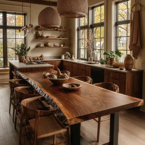 Peut inclure: Une cuisine équipée d'une grande table à manger en bois foncé à bord brut avec des pieds en métal noir, entourée de chaises en bois à assise tressée. L'espace comprend des armoires en bois foncé, des plans de travail clairs et deux suspensions tressées.