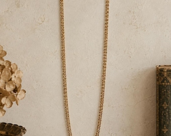 Vintage 1960s, 1970s Long Gold Tone Double Strand Scroll Link Necklace Statement Jewelry