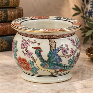Vintage 1960s- 1970s Chinoiserie Porcelain Flower Pot Phoenix Floral Cachepot Planter