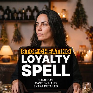 May include: A black graphic overlay with white and yellow text reading STOP CHEATING LOYALTY SPELL SAME DAY CAST BY HAND EXTRA DETAILED. The text is centered over a dark background featuring a person with long dark hair and various glass jars.