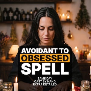 Puede incluir: Una persona de cabello oscuro escribe en una mesa con velas y frascos. El texto dice: AVOIDANT TO OBSESSED SPELL, SAME DAY CAST BY HAND, EXTRA DETAILED. La persona viste una prenda negra y se concentra en la tarea rodeada de varios objetos.