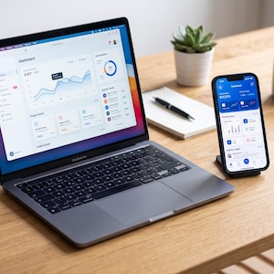 May include: A space gray laptop with a black keyboard and a screen displaying a dashboard interface with blue line graphs and performance metrics, positioned next to a smartphone on a stand showing a matching mobile dashboard application interface.