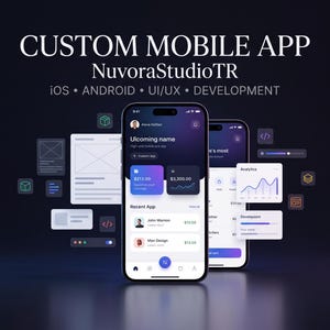 May include: Two smartphones displaying a mobile app interface with dark purple gradients, featuring text CUSTOM MOBILE APP, NuvoraStudioTR, iOS, ANDROID, UI/UX, DEVELOPMENT, and various floating UI elements like analytics graphs and data cards.