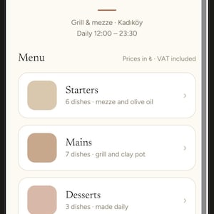 May include: A mobile phone screen displaying the Nuvora Studio TR digital menu. The interface features a logo, restaurant name, location, hours, and categorized sections for Starters, Mains, Desserts, and Drinks, plus Wi-Fi access details.