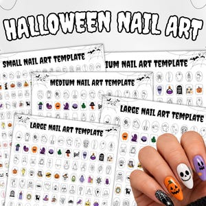 May include: A collection of Halloween nail art templates in small, medium, and large sizes, featuring various seasonal icons like ghosts, pumpkins, and skulls. A hand displays almond-shaped nails with colorful Halloween-themed designs.