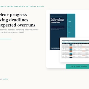 May include: A digital management toolkit for finance teams featuring a guide titled The Finance Team's Guide to a Smoother External Audit, an editable spreadsheet, and a button labeled PDF + EXCEL + WORD, with text about audit progress.