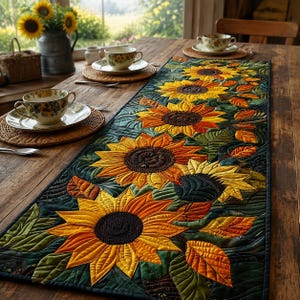 May include: A rectangular quilted table runner featuring a repeating pattern of large yellow sunflowers with dark brown centers, surrounded by deep green quilted leaves and orange accents, laid flat on a rustic wooden dining table surface.