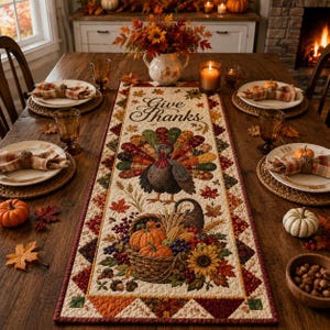 May include: A rectangular fabric table runner featuring a printed Thanksgiving design with the text Give Thanks, a central turkey illustration, and a cornucopia filled with pumpkins, sunflowers, and autumn leaves, bordered by a geometric pattern.