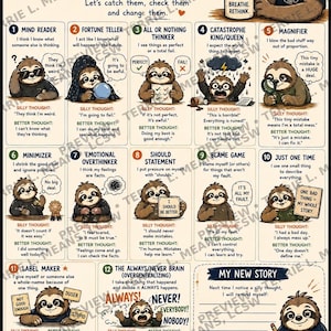May include: An educational poster titled Silly Thoughts featuring twelve numbered illustrations of sloths demonstrating cognitive distortions. Each section includes a silly thought and a better thought, with a section for a new story and a guide to catch, check, and change thoughts.