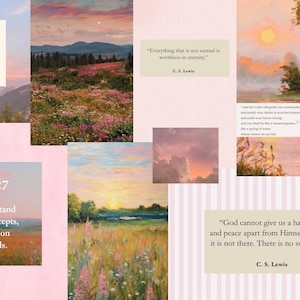 May include: A digital collage featuring landscape paintings of meadows, mountains, and sunsets, interspersed with inspirational quotes from C.S. Lewis and Bible verses including Zephaniah 3:17, Isaiah 58:11, and Psalms 119:27, set against a soft pink background.