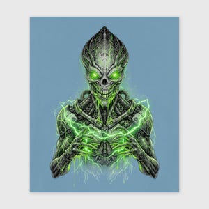 Totenkopf Alien Shirt mit Energieblitzen – Sci-Fi Horror T-Shirt, Hoodie, Sweatshirt, Grünes Alien Geschenk