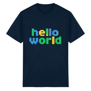 Olá Mundo – Design retrô em pixel art – Humor sobre programação – Camiseta de algodão pesado