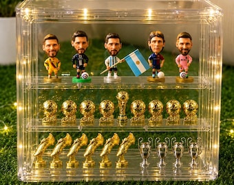 Set de exhibición de la carrera futbolística de Lionel Messi: figuras de Argentina y Barcelona, colección de trofeos, regalo para aficionados al fútbol.