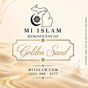 May include: A product label featuring the text MI ISLAM REMINISCENT OF Golden Sand, MIISLAM.COM, and (231) 290-0177. The design includes a black outline of Michigan, a crescent moon with a flower, and gold-toned sand dunes in the background.