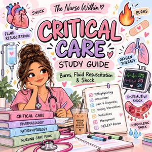 May include: A Critical Care study guide illustration featuring a nurse, medical icons, and text. The image includes a heart, lungs, IV bag, and monitor. Text reads: The Nurse Within, Critical Care Study Guide, Burns, Fluid Resuscitation & Shock.