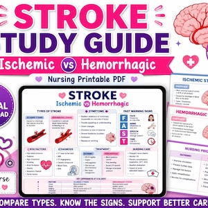 May include: A digital stroke study guide nursing printable PDF featuring a tablet displaying a chart comparing ischemic and hemorrhagic strokes. The guide includes sections on types, symptoms, FAST warning signs, risk factors, diagnosis, and treatment.