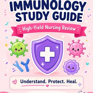 May include: An Immunology Study Guide cover with the text "High-Yield Nursing Review" and "Understand. Protect. Heal." featuring a central purple shield with a white cross, surrounded by cartoon microbes, antibodies, and a pink stethoscope.