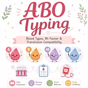 May include: A nursing study guide titled ABO Typing: Blood Types, Rh Factor & Transfusion Compatibility. It features cartoon blood drops labeled A, B, AB, and O, test tubes, a medical clipboard, and a blood bag, with text The Nurse Within at the bottom.