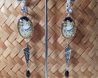 Art-nouveau earrings, Klimt cabochons, silver prints and &quot;Adèle&quot; swarovski crystal