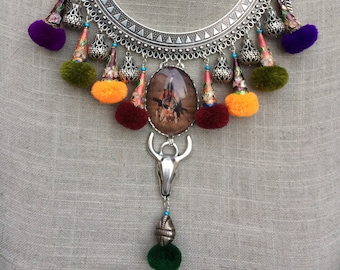 Colorful ethnic torque, silver plated brass, Indian cabochon "Skull" charms and PomPoms