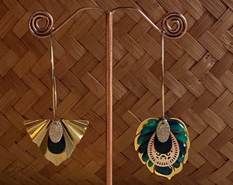 Mismatched golden hoop earrings, plexiglass, green leaves and golden brass "Winter Bouquet"