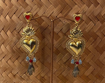 Long golden and colorful Mexican earrings with sacred hearts and crystal "Viva Frida"