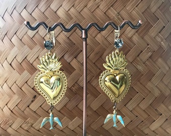 Golden and blue earrings with sacred hearts and birds &quot;Ex voto to Our Lady of the Little Birds&quot;