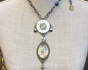 necklace necklace jumper steampunk watch old cabochon pearls and crystal swarovski "The fabulous chronoplaner"