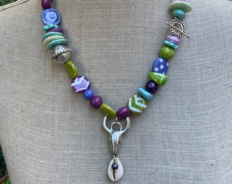 Colorful rustic ethnic necklace large ceramic beads silver brass skull bull cowrie "Navajo Spring"