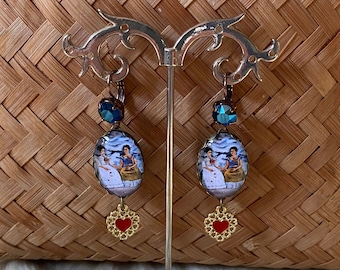 Boucles cabochons Frida Kahlo coeurs et cristal swarovski "Les deux Frida"