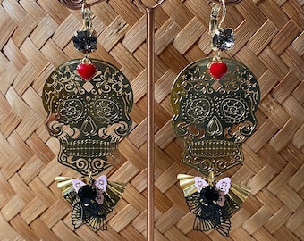 "Memento mori" Crystal and Sacred Heart Skull XL Earrings