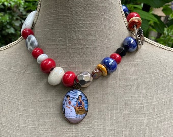 Colorful rustic ethnic necklace ceramic beads coppery brass and silver metal cabochon Frida Kahlo "The two Fridas"