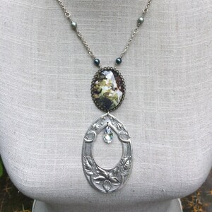 silver art nouveau fairytale long necklace with large brass drop cabochon, crystal and small pearls &quot;Les ondines&quot;