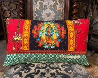 Rectangular Madonna cushion and multicolored sacred heart gypsy bohemian "Our Lady of Gadalupe"