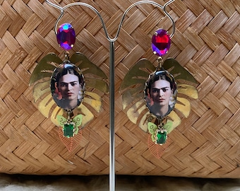 Boucles XL cabochons Frida Kahlo feuilles et cristal swarovski "Frida tropicale !"