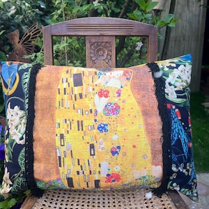 Rectangular Klimt cushion with beautiful floral fabrics and antique trim, "The Kiss"